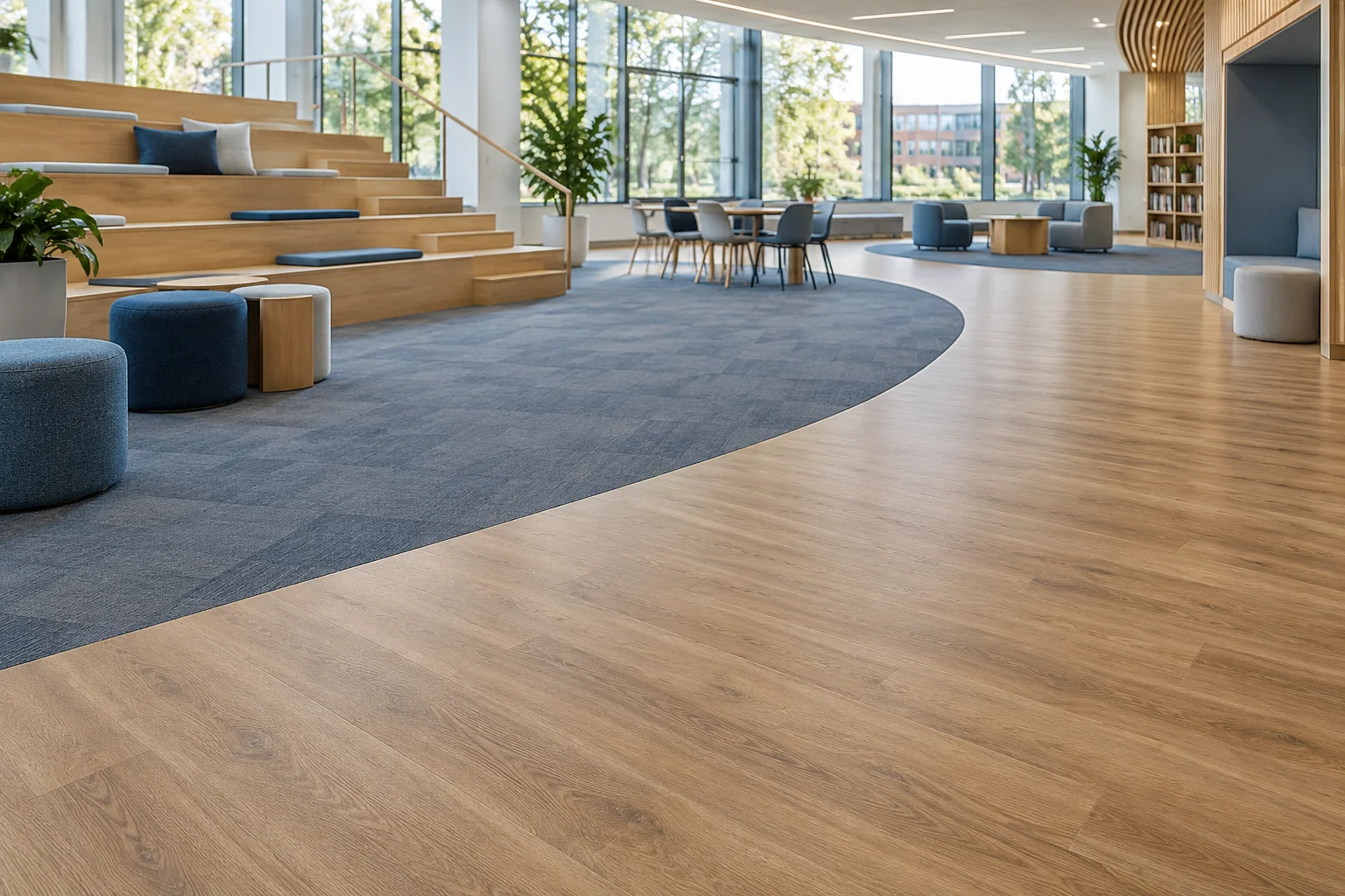 Illustrative education commons with blue carpet tile and warm wood-look flooring