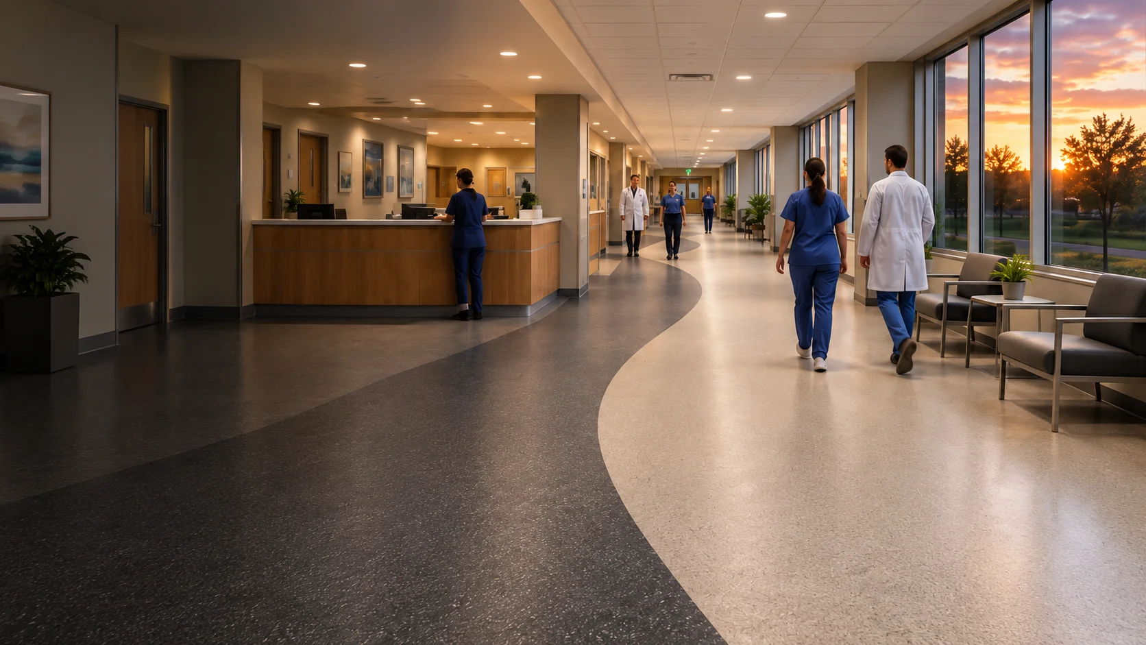 Illustrative healthcare corridor with resilient flooring and staff moving through an active facility
