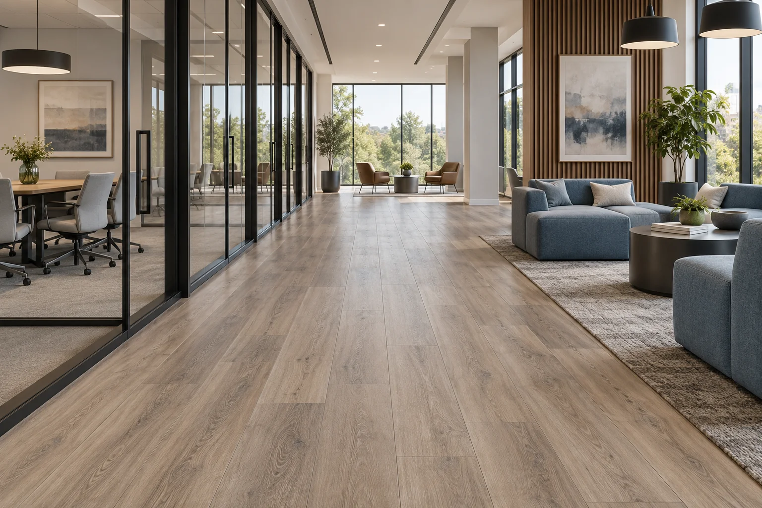 Illustrative modern workplace with resilient plank flooring and glass meeting rooms